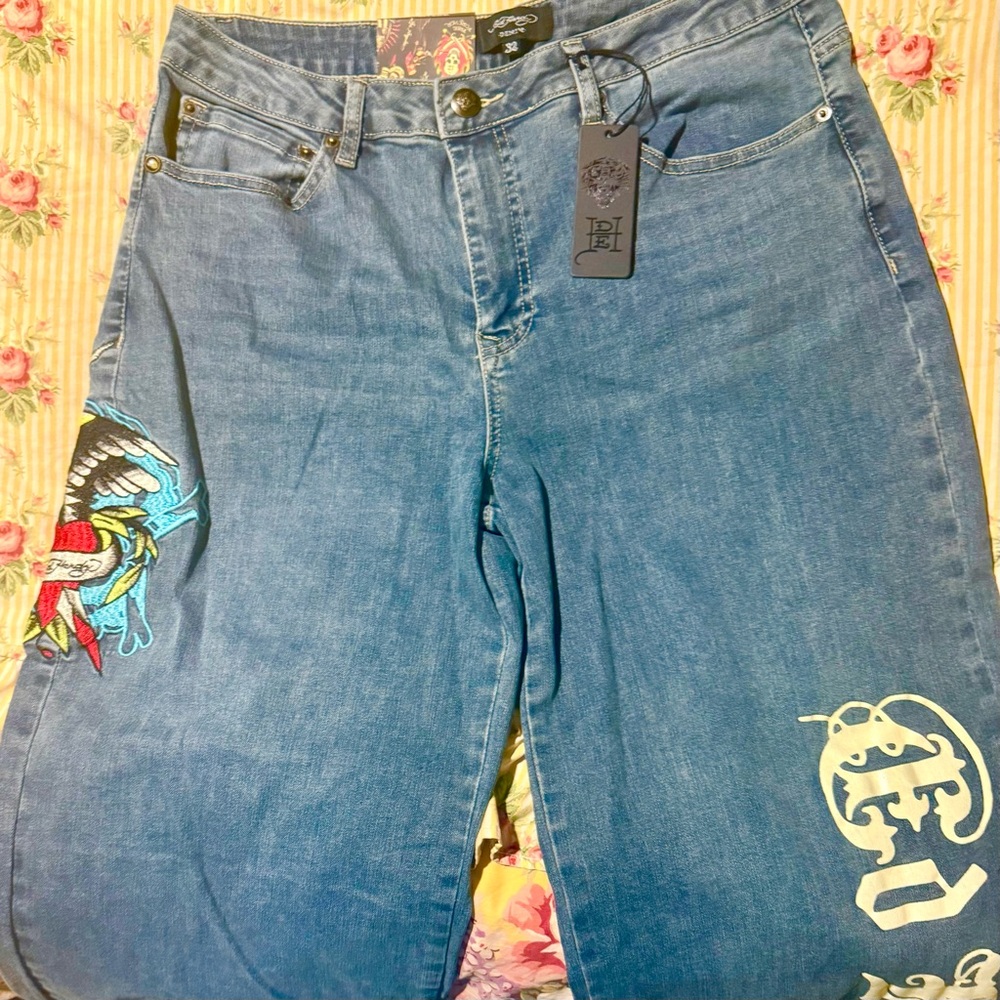 NEW Ed Hardy Jeans  Women’s Y2K Wide Leg Baggy *Embroidered Eagle Heart Logo 32